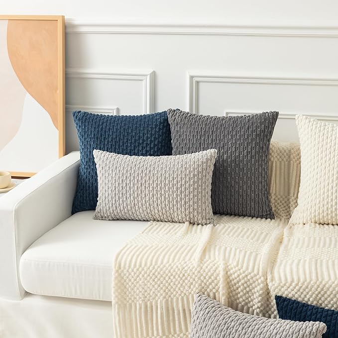 Kevin Textile Pack of 2 Blue Corduroy Decorative Throw Pillow Covers 16x16 Inch Soft Boho Striped Pillow Covers Modern Farmhouse Home Decor for Autumn Sofa Living Room Couch Bed