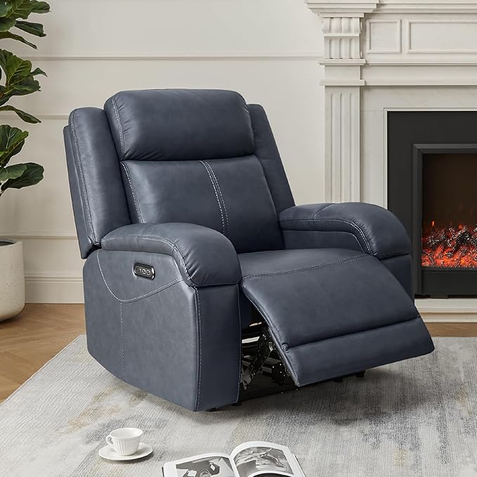 Watson & Whitely Genuine Leather Power Recliner Chairs for Adults, Wall Hugger RV Recliner with Power Headrest & Charging Ports, Electric Recliner Sofa Chair for Living Room, Navy