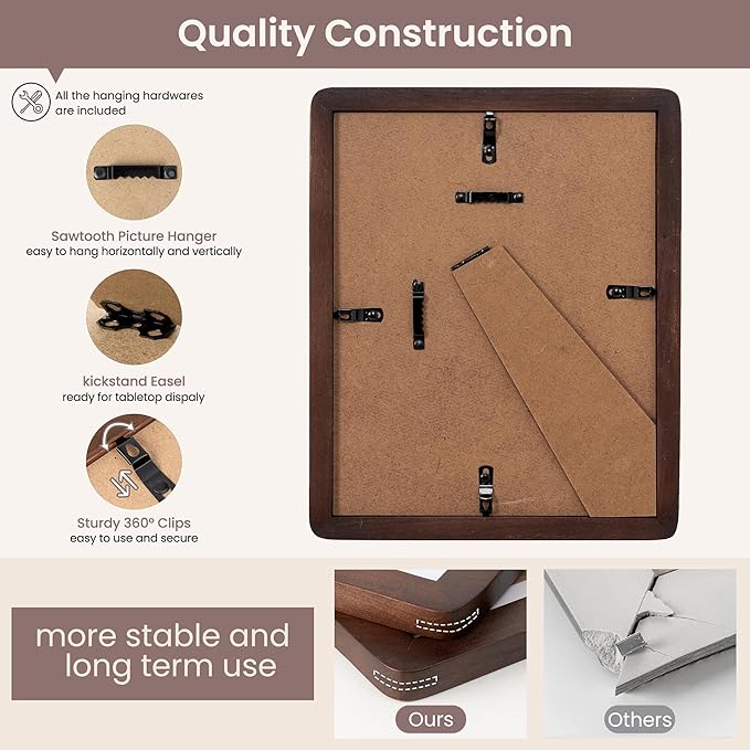 8x10 Picture Frame - Solid Walnut Wood 8 x 10 Photo Frame, 8''x10'' Frame With Mat For 5x7, Tabletop and Wall Display, Hanging Hardware Included, 8 By 10 Picture Frame Wood, Natural Walnut