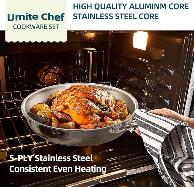 Umite Chef Stainless Steel Cookware Set, 5 Ply 14 Piece Stainless Steel Pot and Pan Set-Induction, Heavy Chef Quality, Oven Safe | Professional Kitchen Cooking Appliances, PFOA, PTFE & PFOS Free
