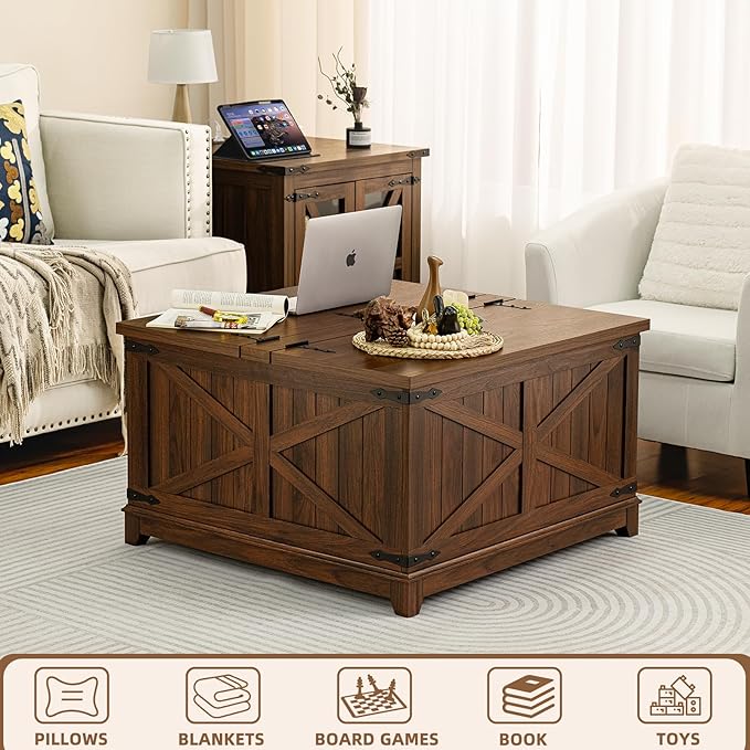 Farmhouse Coffee Table Set, 3 Pieces: Large End Side Tables with Charging Station and Coffee Table with Hidden Storage Compartment, Brown Wood Furniture Sets for Home Office