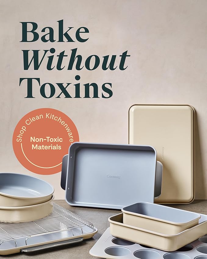 Caraway Nonstick Ceramic Bakeware Set (11 Pieces) - Baking Sheets, Assorted Baking Pans, Cooling Rack, & Storage - Aluminized Steel Body - Non Toxic, PTFE & PFOA Free - Cream