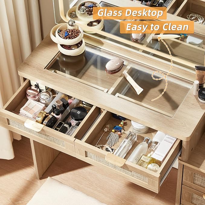 LEYAOYAO Rattan Vanity Desk with Mirror and Lights, 43.5'' Boho Makeup Vanity with 6 Drawers and Adjustable Shelves, Natural Wood Make Up Vanity Dressing Table with Glass Top, Power Outlet for Bedroom