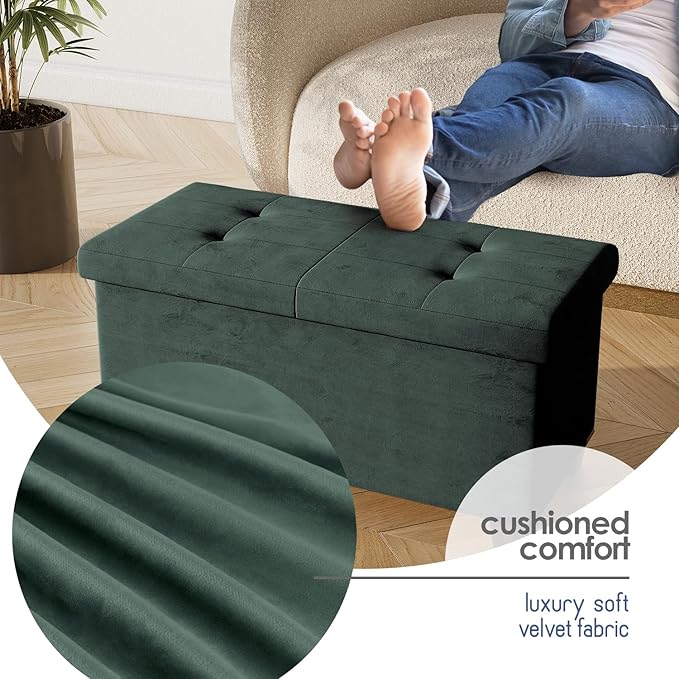 STORAGEBUD Storage Ottoman Bench with Bins, 30-in Storage Bench for Bedroom End of Bed, Folding Foot Rest Ottoman for Living Room Max 660lbs, Velvet Ottomans, Green