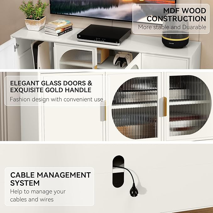 ARTPOWER Modern TV Stand for TVs up to 70+ inch, Glass Door Television Console Table with Gold Leg, Entertainment Center with Storage Cabinet, Wood Media Furniture for Bedroom, Living Room, White
