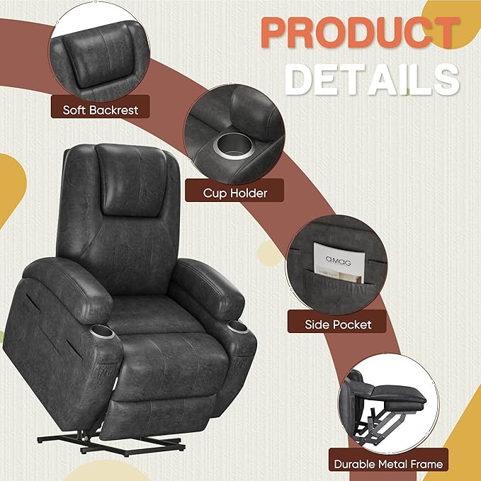 Electric Power Lift Recliner Chair with Massage for Elderly Corduroy Fabric Recliner Single Sofa with Cup Holders, Side Pockets and Remote Control for Living Room Bedroom (Leathaire, Dark Gray)