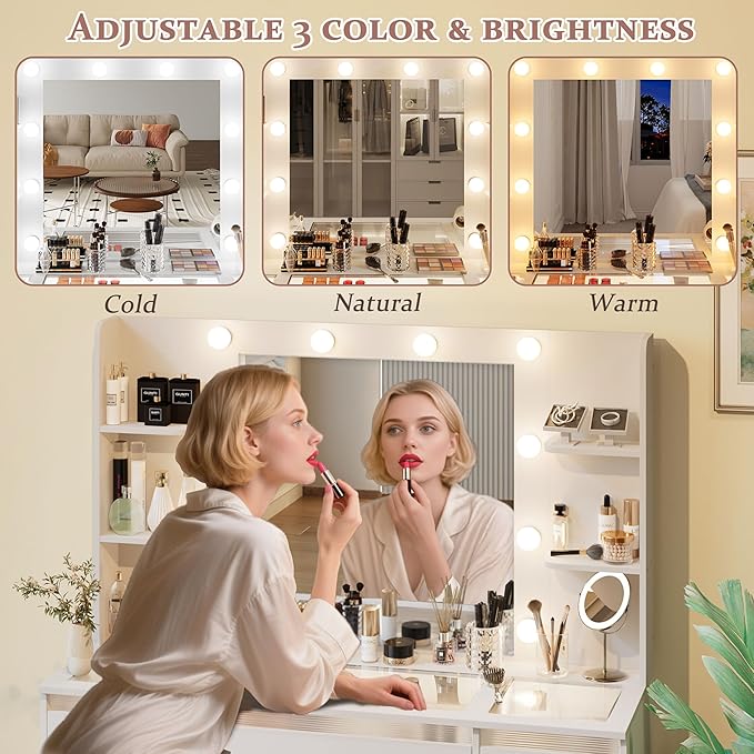 Makeup Vanity with Lights 3 Colors, Glass Top Vanity Desk with 7 Lighted Drawers, 4 Shelves, Power Outlet, Makeup Desk with Mirror for Bedroom, Dressing Table with Mirror for Women, Light White