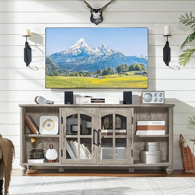 Farmhouse TV Stand for 60 Inch TV, Wood Entertainment Center with Glass Door Storage Cabinet & Adjustable Shelves,Television Stands for 65" TVS, Grey TV Console Table for Living Room,Bedroom