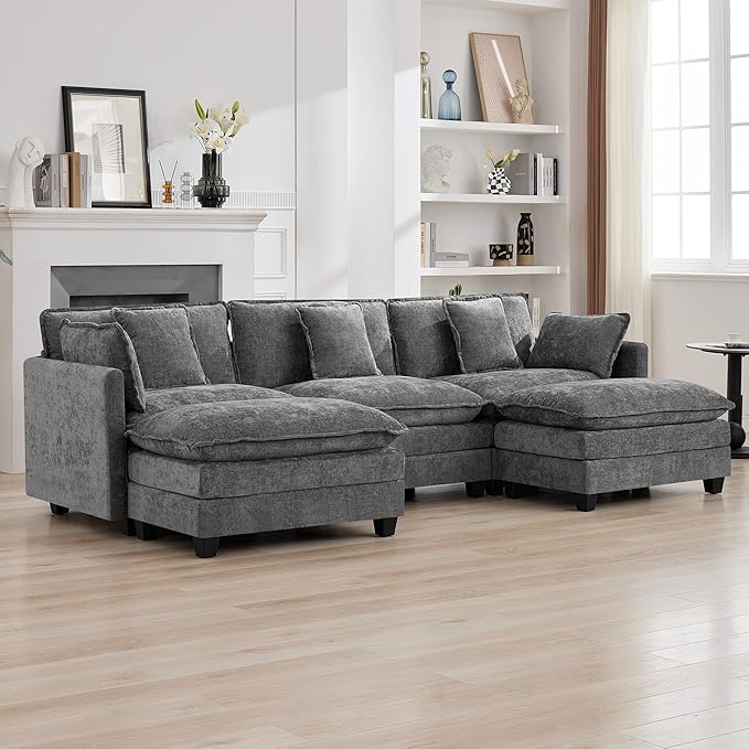 111'' Sectional Cloud Deep Seat Couch, Oversized Chenille U Shaped Sectional Sofa for Living Room Set, Comfy Upholstered Modular 3-Seats Sectional Sofa Couch with 2 Movable Ottoman, Grey