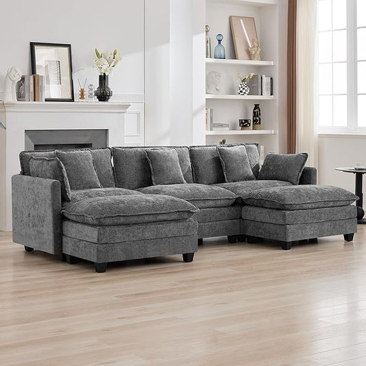 111'' Sectional Cloud Deep Seat Couch, Oversized Chenille U Shaped Sectional Sofa for Living Room Set, Comfy Upholstered Modular 3-Seats Sectional Sofa Couch with 2 Movable Ottoman, Grey