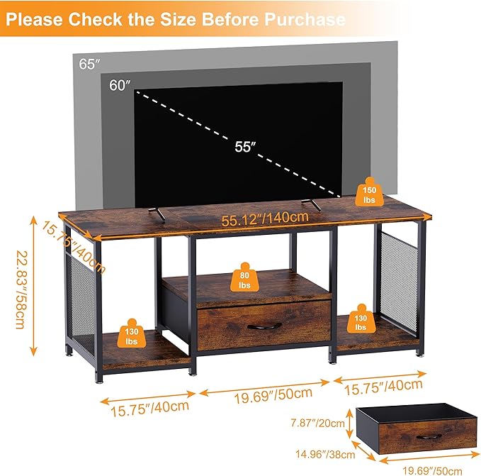 TV Stand with Drawers and Open Storage Shelves for 65 60 55 Inch TV, Entertainment Center with Open Storage Shelves, Industrial Media TV Console Table for Living Room Bedroom Office, Rustic Brown