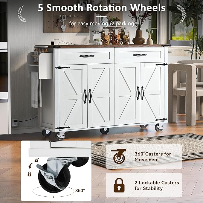 Farmhouse Roling Kitchen Island Cart with Drop Leaf Breakfast Bar with Power Outlet, Storage Island Table on Wheels with Drawers, Spice Rack(White)