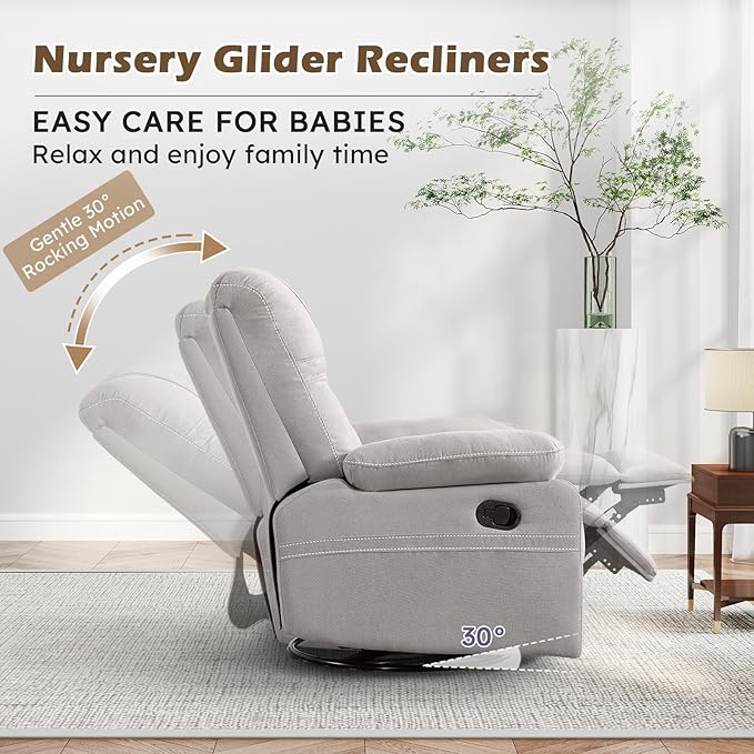 ANJ Oversized Swivel Rocker Recliner Chair for Adults, Manual Rocking Recliner Glider Recliner Nursery Chair Clearance with Decorative Stitching Soft Fabric Thick Cushion for Living Room Bedroom