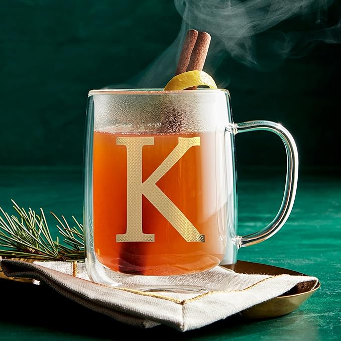 COLLECTIVE HOME - Double Walled Glass Coffee Mugs, Insulated Coffee Mug with Handle, Personalized Gifts for Women, Men, Christmas, 14 oz Monogram Cups (K)