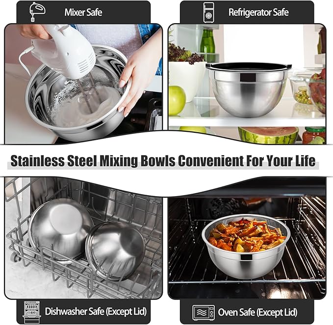 P&P CHEF Black Mixing Bowls with Lids, Set of 3, Stainless Steel Salad Nesting Bowl for Mixing, Storing, Prepping, Airtight & Stackable, Size 4.6/3 /1.5 QT