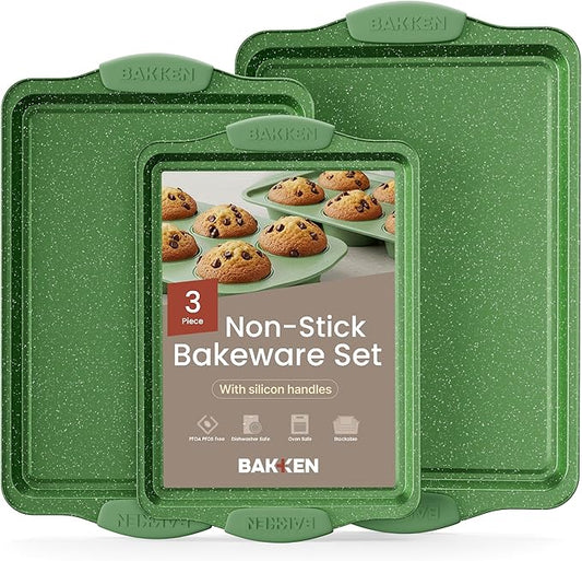 BAKKEN Kitchen Baking Pan Set - Nonstick Green Marble Coating, Carbon Steel Bakeware Sets with Green Silicone Handles, Kitchen Essentials, PFOA, PFOS, PTFE Free, Oven Safe (Up To 450° F), Set of 3