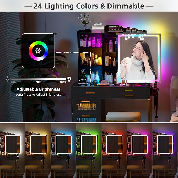 RGB Vanity Desk with Sliding Mirror and Lights,Makeup Vanity with Charging Station,LED Vanity Table with Glass Top,Girls Vanities Dressing Table Set with Stool&6 Drawers for Bedroom(Black