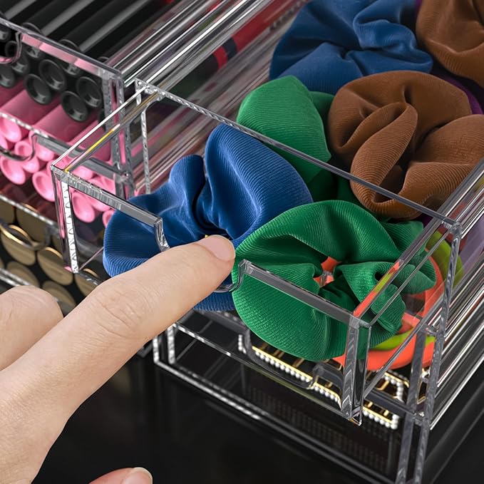 Noverlife 3 Drawers Hair Accessories Organizer, Clear Acrylic Hair Ties Desktop Craft Drawer Cabinet, Hair Claws Desk Organizer Storage Containers Box with Pull-Out Drawer for Bathroom Closet Office