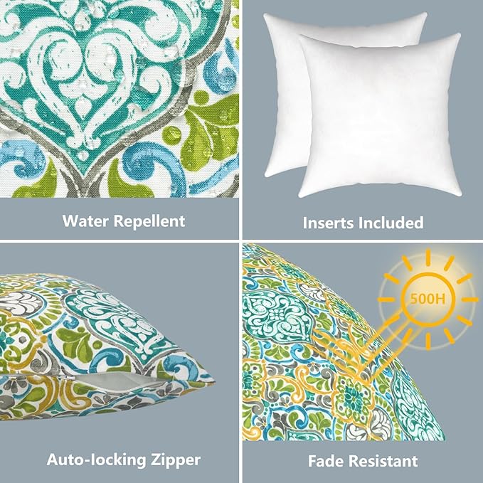 LVTXIII Outdoor Throw Pillows, Decorative Throw Pillows with Inserts, 20"x20" Square Pillows for Bed, Couch, Sofa and Patio Furniture, Set of 2, Damask Green