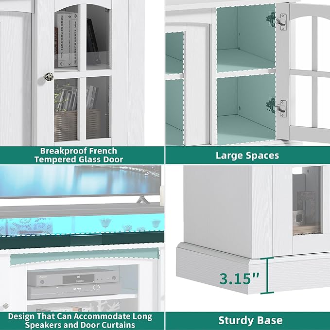 YITAHOME LED Farmhouse TV Stand for 65 Inch w/Outlets, Modern Entertainment Center with Glass Doors and Adjustable Storage Shelves, Media Console TV Cabinet for for Living Room, White/Black