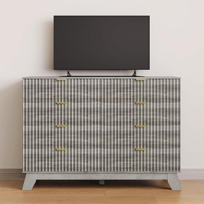 Fluted Dresser for Bedroom, 8 Drawer Dressers & Chest of Drawers, Mid Century Modern Dresser for Closet Boho Bedroom Furniture, Nature Wood Chest of Drawers Storage Organizer for Living Room,Grey