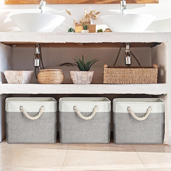 meekoo 8 Pack Collapsible Storage Bins Fabric Storage Bins Polyester Fabric Baskets with Handles Linen Closet Organizer for Shelf Home Closet Towels Toys(15 x 11 x 9.5 in,Gray White)