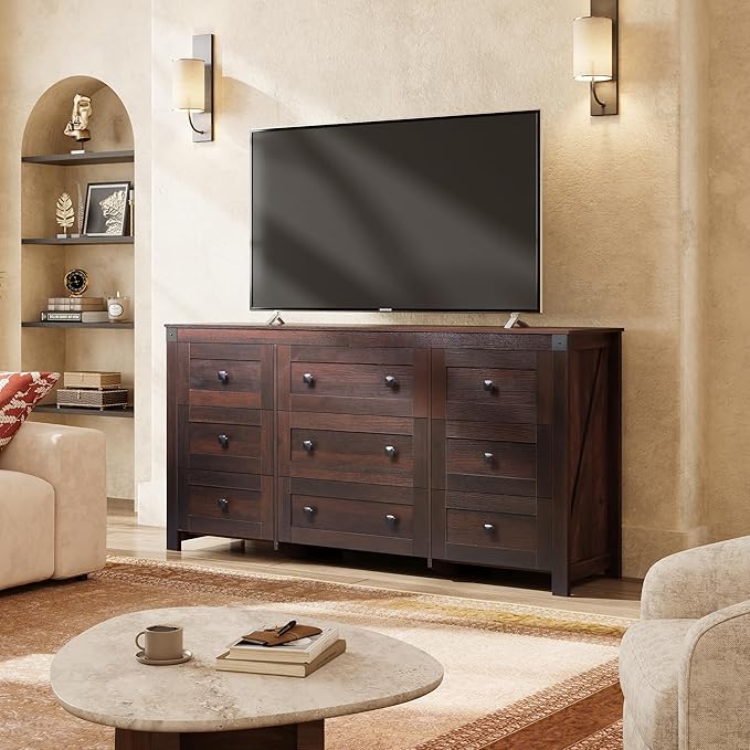 WLIVE Farmhouse Dresser for Bedroom, 63" Wide 9 Drawer Dresser Storage Organizer, Wood Chest of Drawers for Bedroom, TV Stand for 70 inch TV for Living Room, Hallway, Ball Bearing Slide (Brown)