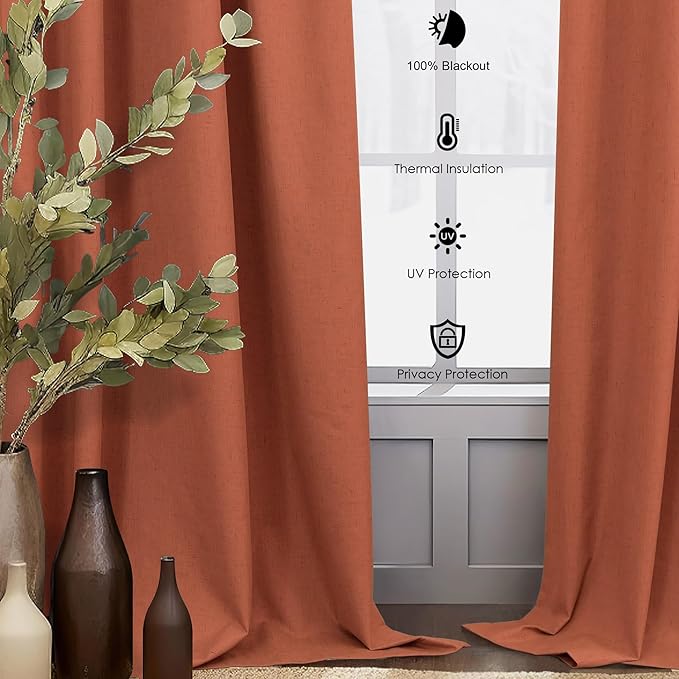 Terracotta Blackout Curtains for Living Room 2 Panel 84 Inches Long Back Tab Pocket Black Out Linen Burnt Orange Rust Drapes for Bedroom Darkening Thermal Insulated Boho Farmhouse Fall Decor 84 Length