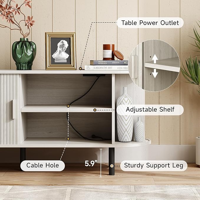 55" TV Stand with Power Outlet for TVs up to 60 Inch, Entertainment Center with Storage and Adjustable Shelves, Modern Media Console with Sliding Doors for Living Room, Natural White