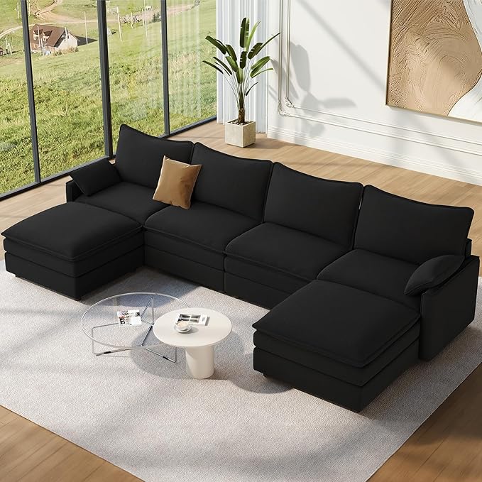 Vesgantti 142" U Shaped Sectional Couch, Comfy Cloud Modular Sectional Sofa with 2 Ottoman Deep Seat Chenille Modern Cloud Sofa, Modular Sofas for Living Room, Bedroom and Apartment, Black