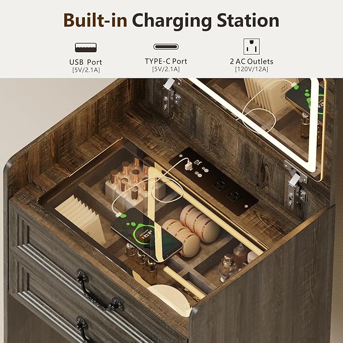 Farmhouse 3 in 1 Vanity with Flip Top Mirror, LED Small Makeup Desk with 2 Sockets USB, Compact Vanity with Glass Desktop, Storage and Cushioned Stool with Wheels,3 Drawers, for Bedroom