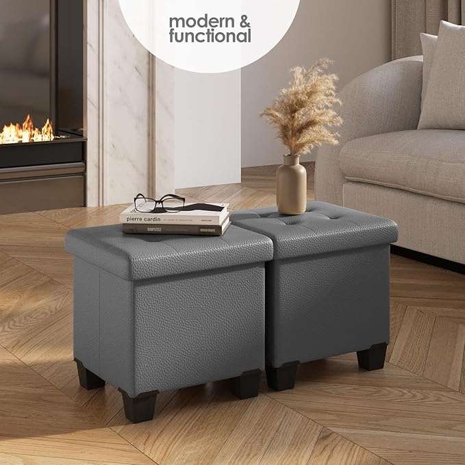 STORAGEBUD Storage Ottoman Cube with Small Bin, 16-in Square Ottoman with Storage for Living Room and Bedroom, Small Ottomans Foot Rest, Faux Leather Foot Stools Ottomans Max 330lbs, Grey