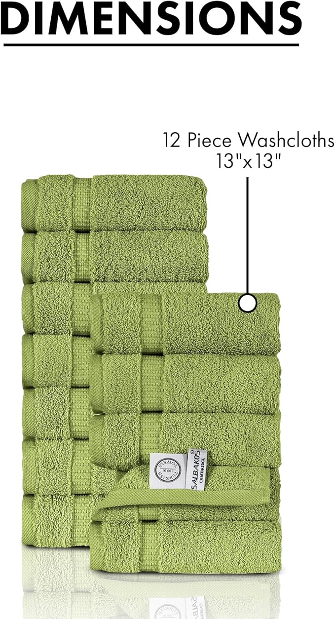 SALBAKOS 100% Turkish Cotton Washcloth Set of 12 13x13 inch | Heirloom Quality | Hotel & Spa Collection | Ultra Soft, Super Absorbent, Washcloth Towels | Made in Turkey (Green, 12 Washcloths)