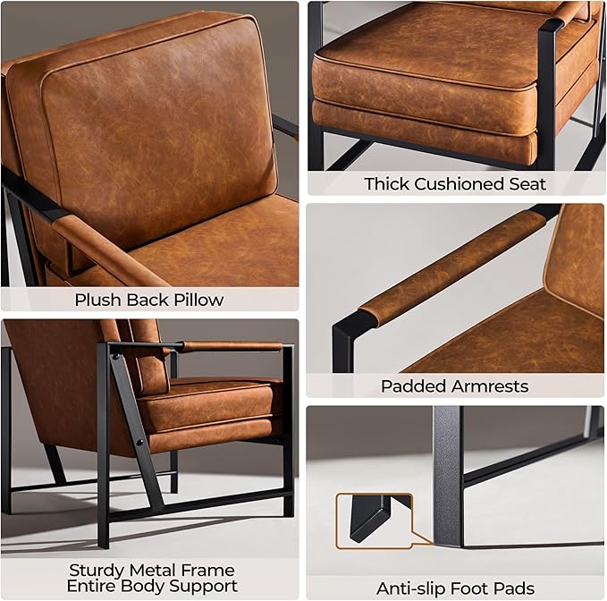 Yaheetech PU Leather Armchair, Retro Leisure Accent Chair with Extra Soft Padded and Cushion, Modern Reading Arm Chair with Black Metal Frame for Living Room/Office/Bedroom/Study, Light Brown