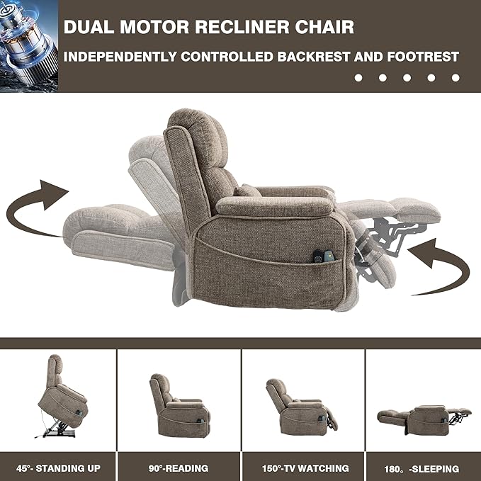 Lift Recliner Chairs for Elderly, Lumbar Power Lift Chair with Heat and Massage, 180° Lay Flat Recliner with Extended Footrest, USB & Type-C Ports and Side Storage for Big Man 400lbs Sleeping