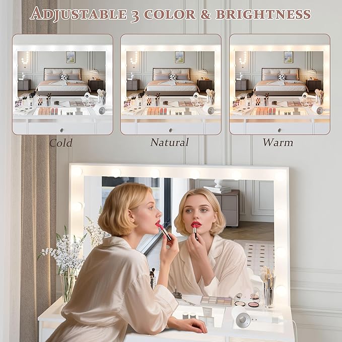 Vanity Desk with Mirror and Lights 3 Colors, Glass Top Vanity with 7 Lighted Drawers & Power Outlet, Makeup Desk with Mirror for Women & Girls, Dressing Table for Bedroom, White