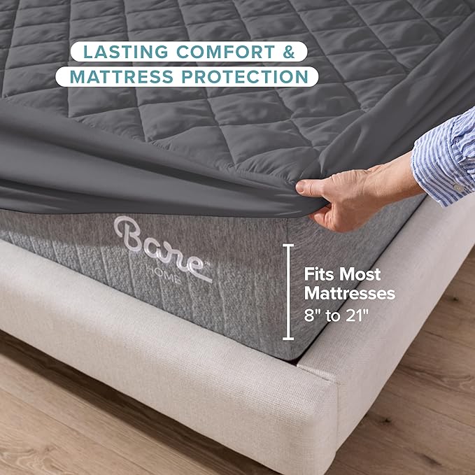 Bare Home Split Head Flex King Quilted Fitted Mattress Pad - Cooling Mattress Cover - Easily Washable - Elastic Fitted Cover for Mattress - Stretch-to-Fit up to 15" Deep (Split Head Flex King, Grey)