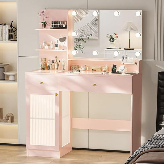 40" Vanity Desk with Large Mirror and Lights, Modern Glass Top Makeup Vanity Set with Power Outlet, Drawers and Cabinet, 3 Lighting Color Adjustable Dressing Table for Bedroom, Pink