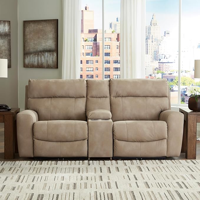 Signature Design by Ashley Next-Gen DuraPella Contemporary Faux Leather Modular Wall Hugger 3-Piece Power Reclining Sectional Loveseat with Console, Adjustable Headrest and USB Ports, Light Brown