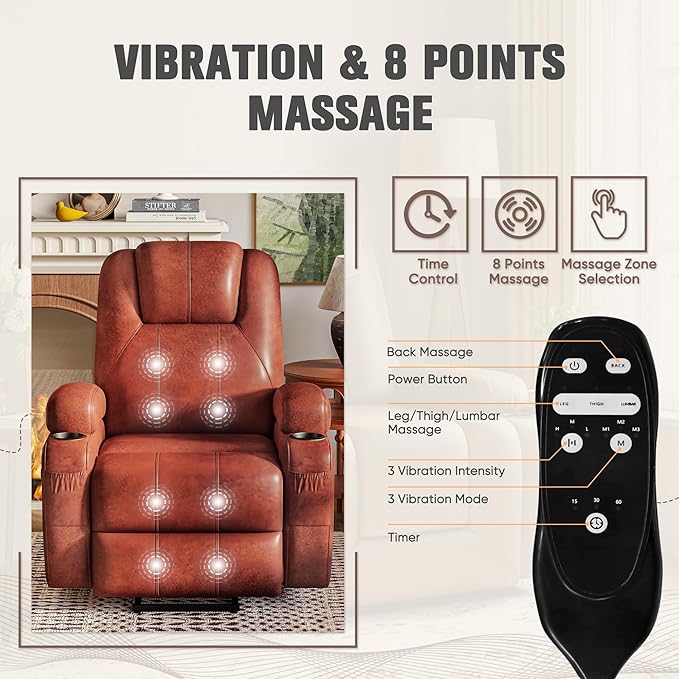 Flamaker Power Lift Chair with Vibration Massage Luxurious Leathaire Fabric Electric Lift Recliner for Elderly Power Lift Recliner Chair with Cup Holders Side Pockets for Living Room (Red Brown)