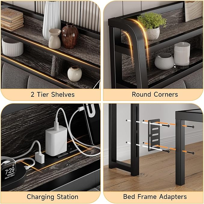 Ergonomic Headboard for Queen Size Bed with 2-Tier Storage, Upholstered Headboards with Outlets, USB Ports, LED Light, Queen Head Board Only, Height Adjustable, Sturdy and Stable, Black & Grey