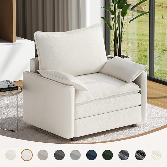 Vesgantti 40" Single Seat Sofa, Comfy Cloud Couch Deep Seat Upholstered Couch Chenille Modern Sofa with Armrest Pillow, Easy Assembly for Living Room, Bedroom and Apartment, Snow White