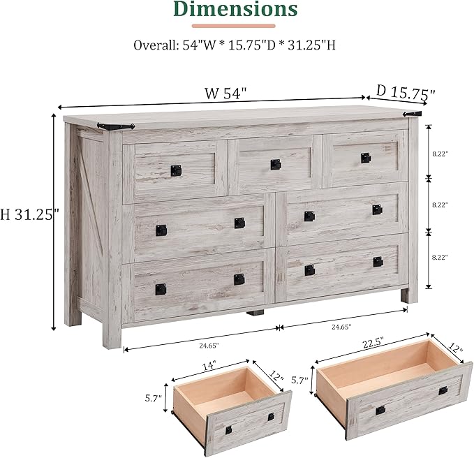 RedLemon Farmhouse 7 Drawer Dresser for Bedroom, 54 Inch Wide Rustic Wood Dresser TV Stand, Dresser Chest of Drawers for Closet, Living Room, Hallway, Antique Brush White