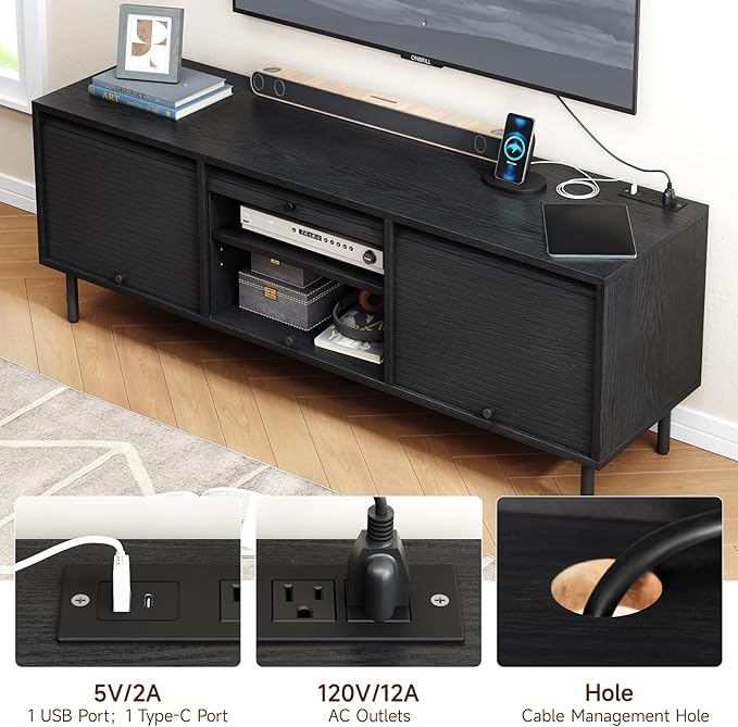 59 Inch TV Stand for TVs up to 65 Inch, Entertainment Center with Power Outlet, Mid-Century Modern TV Console with Storage, Adjustable Shelf & Sliding Doors, TV Stand for Living Room, Black