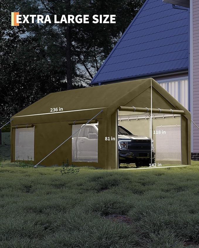 12 x 20FT Heavy Duty Carport with Roll-Up Windows, Portable Garage with Removable Sidewalls & Doors, Portable Car Tent Garage with Roll-Up Windows and All-Season Tarp, for Car, Truck,