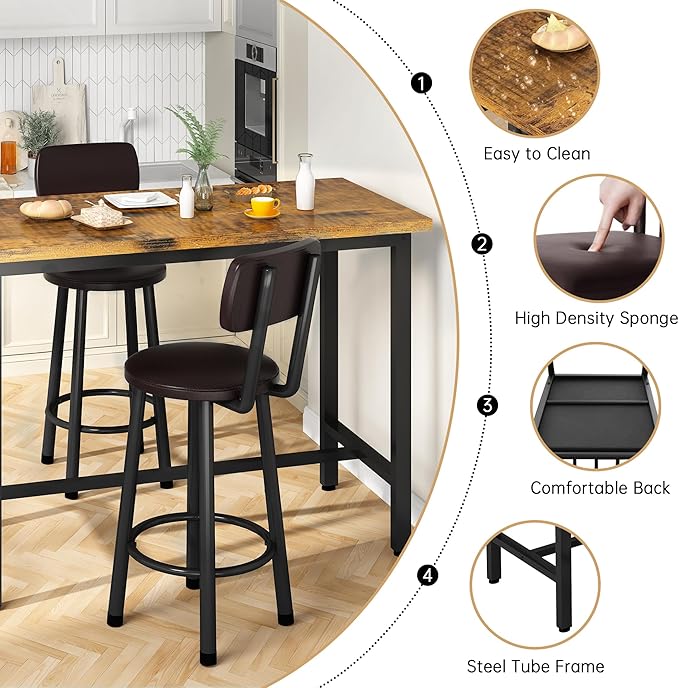 Recaceik 3 Piece Pub Dining Set, Modern bar Table and Stools for 2 Kitchen Counter Height Wood Top Bistro Easy Assemble for Breakfast Nook Living Room Small Space Restaurant, Rustic Brown 39”