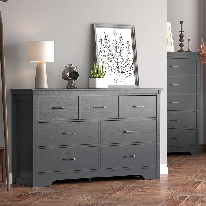 Farmhouse 7 Drawer Dresser for Bedroom, 51" Wide Chest of Drawers, Wooden Dresser TV Stand, Storage Dressers Organizer for Bedroom, Living Room, Hallway, Black