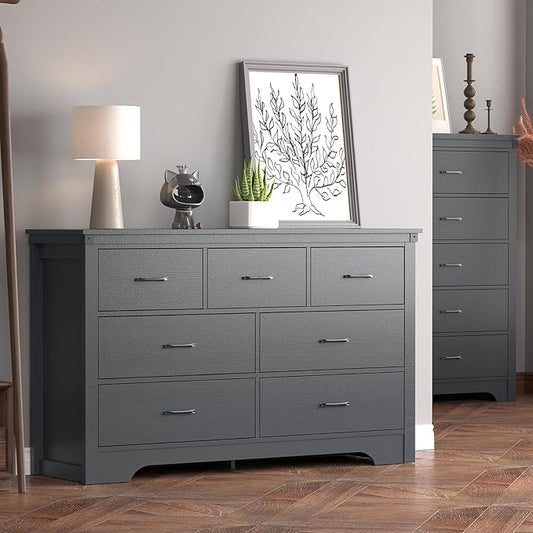 Farmhouse 7 Drawer Dresser for Bedroom, 51" Wide Chest of Drawers, Wooden Dresser TV Stand, Storage Dressers Organizer for Bedroom, Living Room, Hallway, Black