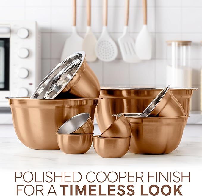 COOK WITH COLOR 18 Piece Mixing Bowls Set with Airtight Lids, Stainless Steel Bowl Organizers, Food Storage Containers, Meal Prep, Nesting Salad Bowls For Cooking, Baking, Kitchen Use, Copper