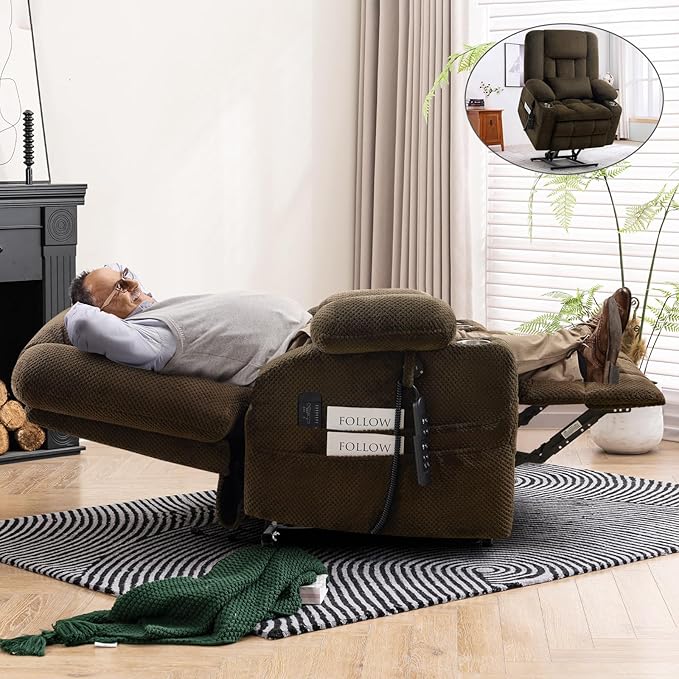Large Dual Motor Lay Flat Power Lift Recliner Chair, Massage Recliner with Heat for Living Room, Lumbar Pillow, USB & Type-C Ports, Oversized Recliner for Elderly & Big People - Brown